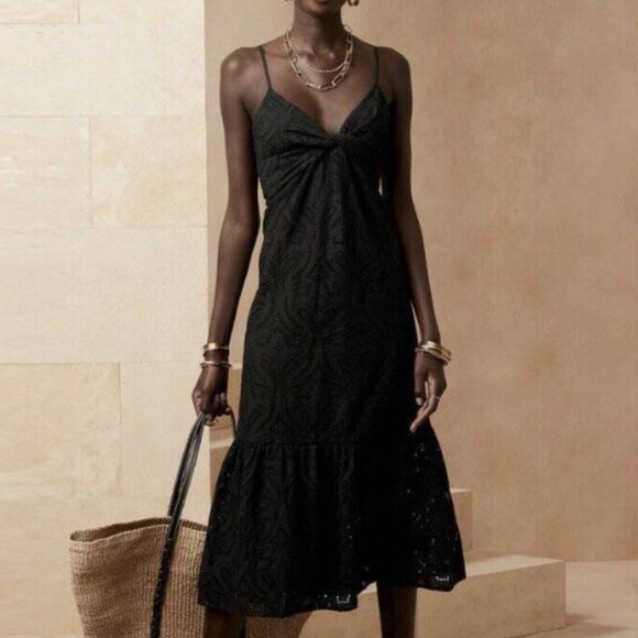 Banana Republic Black Eyelet Twist Midi Dress - Picture 1 of 6
